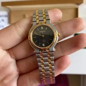 Gucci Accessories Gucci 900l Twotone Silvergold Plated Black Face Womens Watch Full Kit Poshmark